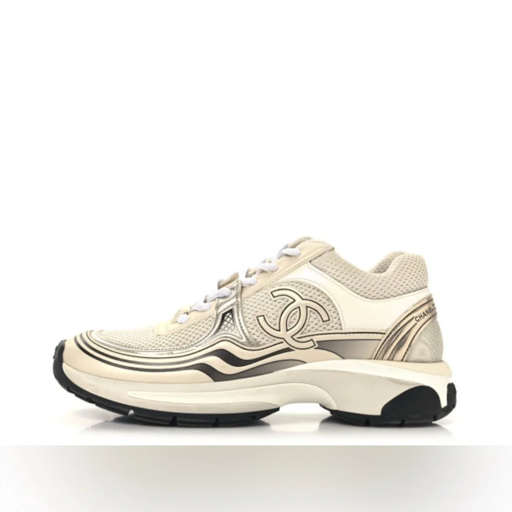 CHANEL Cream White Beige Mesh Logo Sneakers